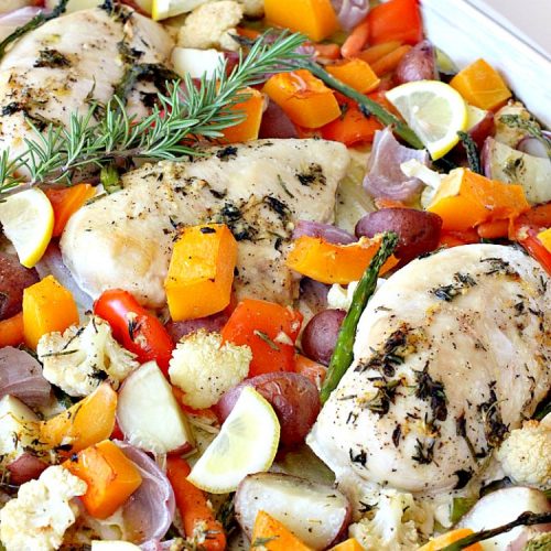 Sheet Pan Roasted Chicken and Vegetables with Lemon Vinaigrette