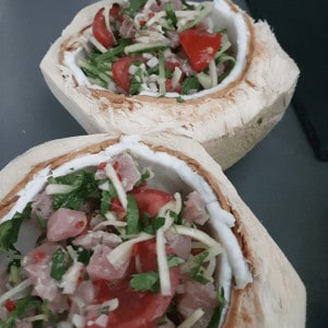Red tuna tartare salad with young coconut