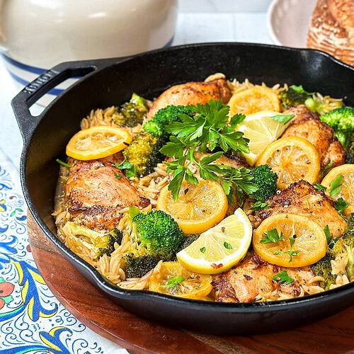 One Skillet Mediterranean Lemon Chicken and Orzo